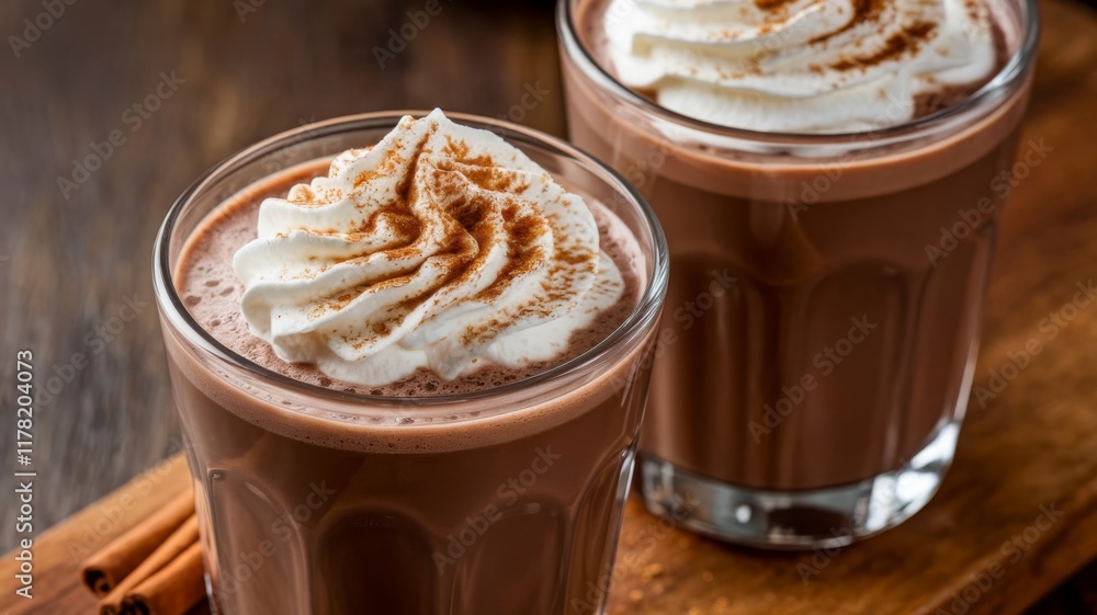 Hot Chocolate with Whipped Cream and Cinnamon in Glass Cups Hot Chocolate with Whipped Cream and Cinnamon in Glass Cups