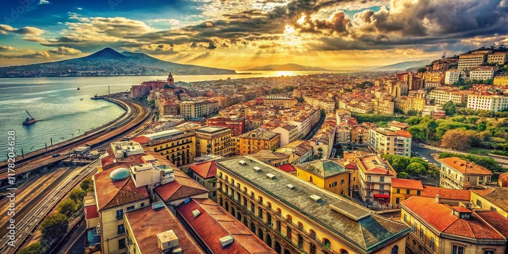 Naklejka premium Vintage Naples Panorama: Aerial View of City & Railway Station