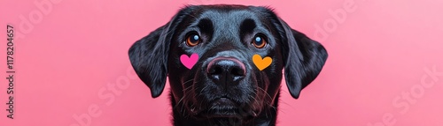 Black dog adorned with colorful heart stickers on its face, standing out against a solid pink background, ideal for cheerful and cutethemed visuals photo