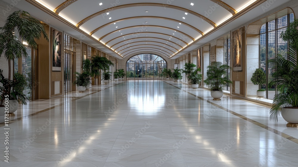 Naklejka premium Serene Hallway with Lush Greenery