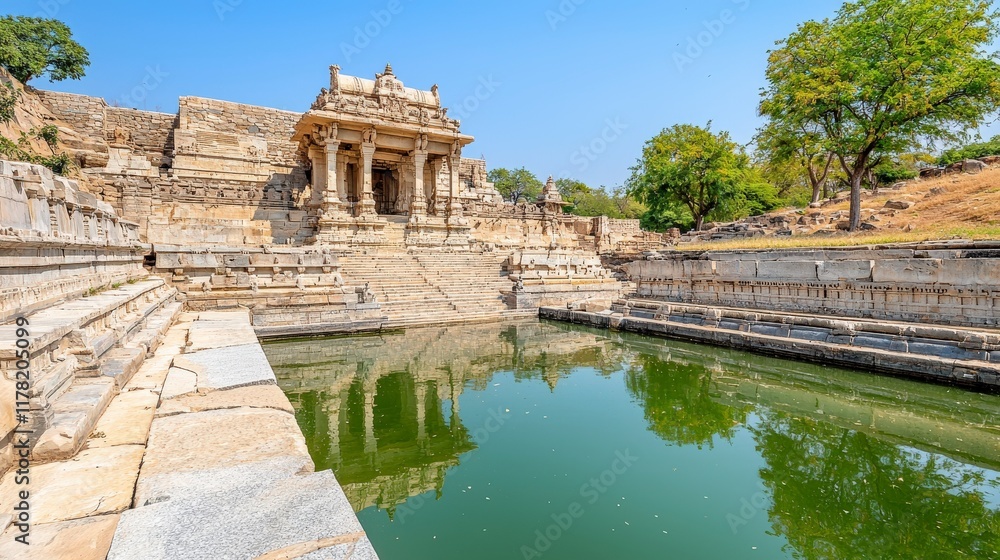 Obraz premium Ancient Heritage Site with Temple Architecture Surrounded by Calm Water and Lush Greenery in India