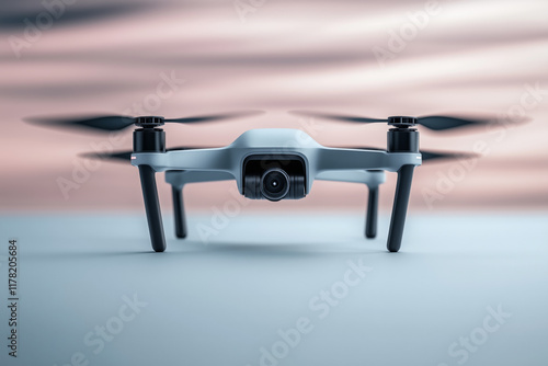 Close-up of a sleek modern drone equipped with a camera, showcasing innovation and technology in aerial photography photo