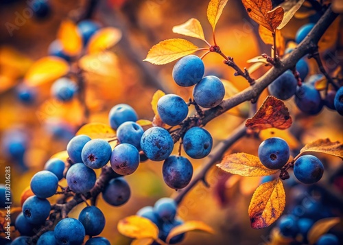 Vintage Photo:  Ripe Sloe Berries on Branch, Autumnal Colors, Rustic Setting photo