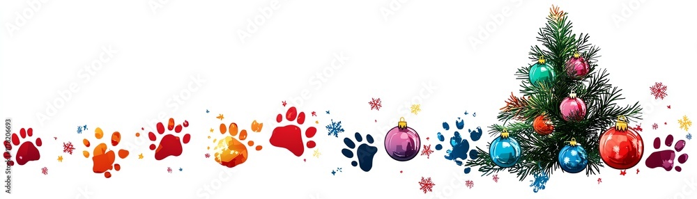 Fototapeta premium Playful Christmas tree crafted from dog paw prints, adorned with colorful ornaments, bringing a whimsical and festive touch to greeting cards, banners, and designs
