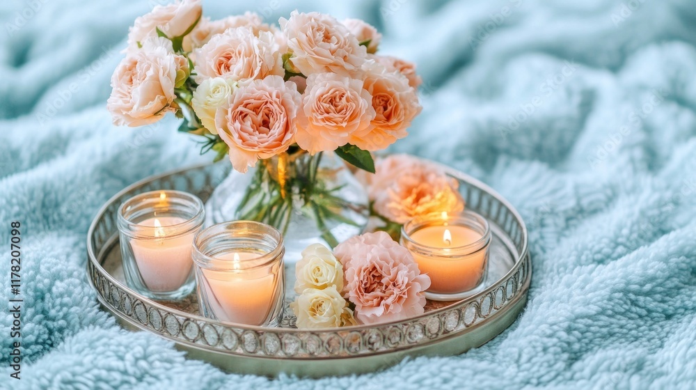 Romantic peach roses in glass vase with lit candles on tray. Romantic peach roses in glass vase with lit candles on tray.