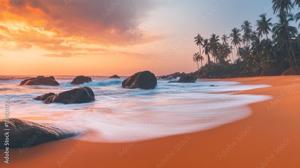 Obraz premium Vibrant sunset over tropical beach with palm trees and rocks.