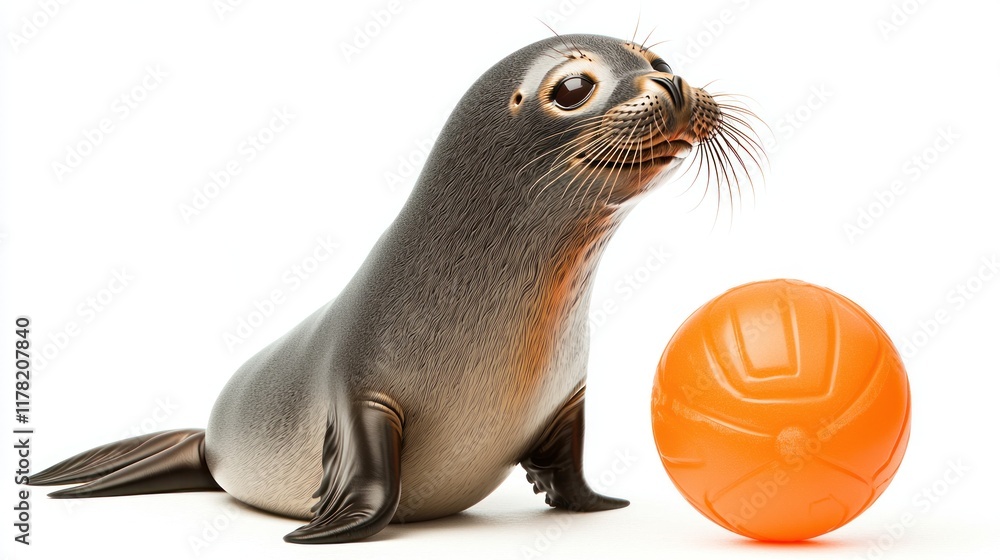 Obraz premium A playful seal beside an orange ball on a white background.