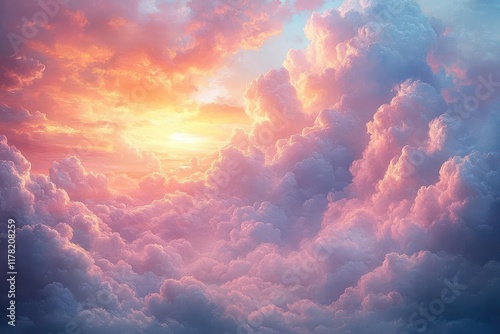 soft ethereal painting of heavenly clouds in a vast sky showcasing pastel hues blending harmoniously evoking a sense of tranquility and dreaminess