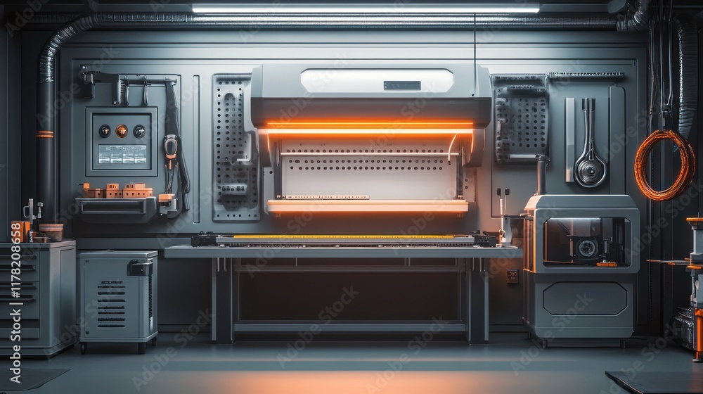 Obraz premium Futuristic workshop interior with tools and equipment.