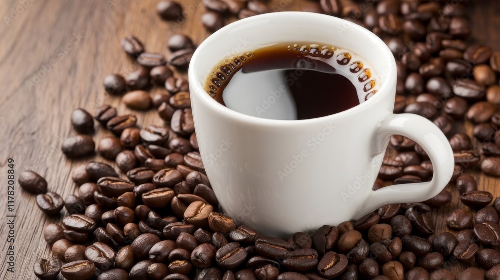 Mug of Coffee Surrounded by Coffee Beans on White Mug of Coffee Surrounded by Coffee Beans on White
