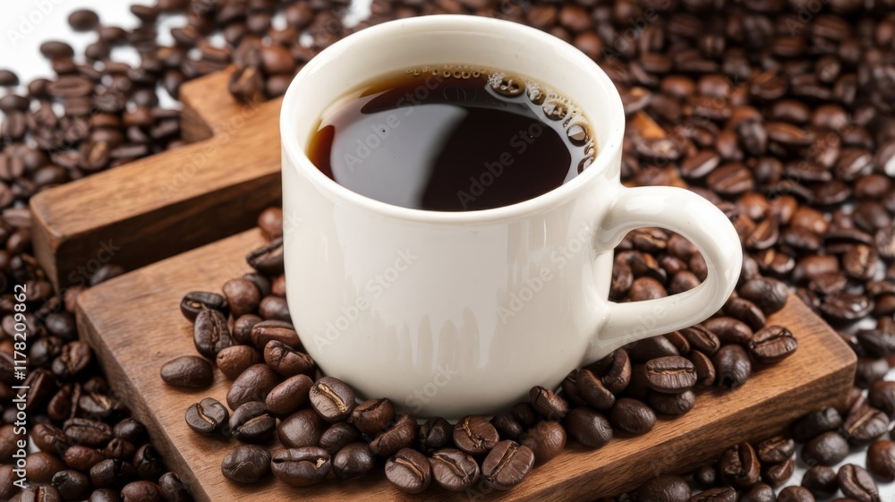 Mug of Coffee Surrounded by Coffee Beans on White Mug of Coffee Surrounded by Coffee Beans on White
