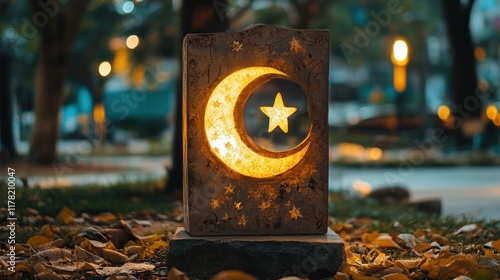 Illuminated stone lantern with crescent moon and star design in park at night. photo