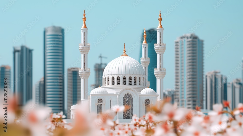 Obraz premium Majestic Mosque Surrounded by Modern Skyscrapers and Beautiful Blossoms in Cityscape