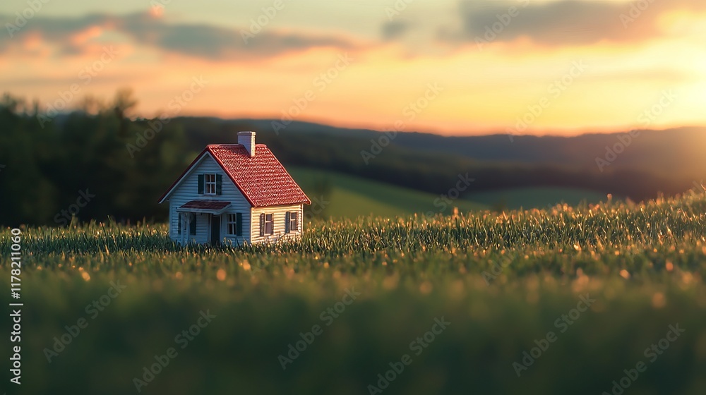 Miniature Home at Sunset: A Peaceful Rural Scene. Dreamy Cottage in a Field. Perfect Home for a Relaxing Evening. Miniature Home at Sunset: A Peaceful Rural Scene. Dreamy Cottage in a Field. Perfect Home for a Relaxing Evening.