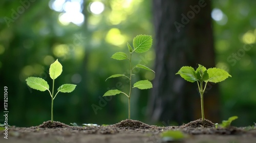 Three stages of plant growth in a natural forest setting.