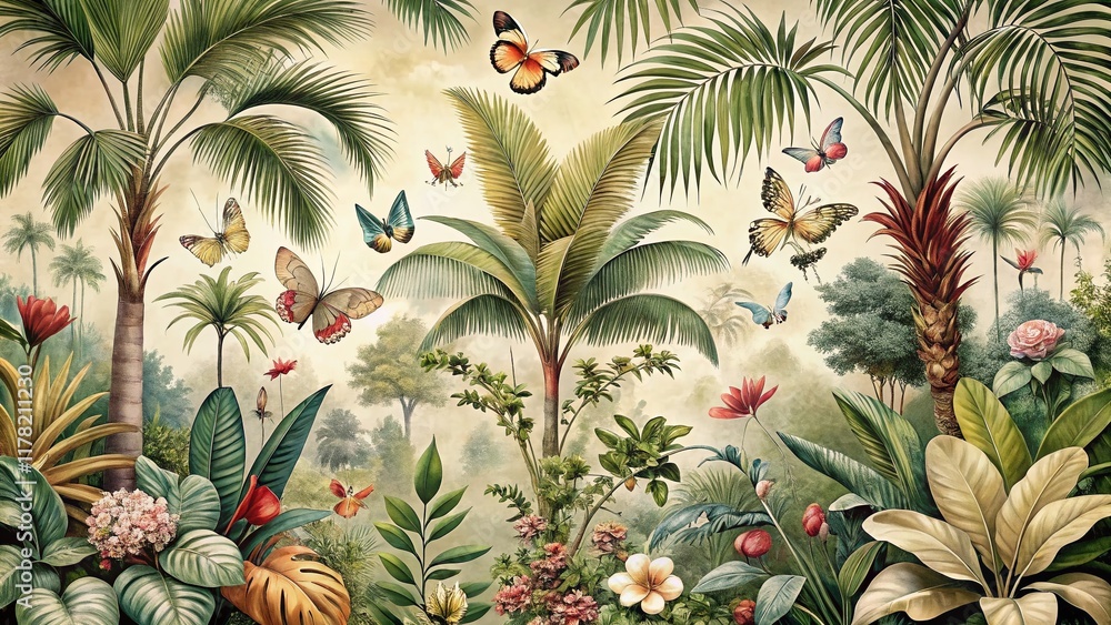 Fototapeta premium Vintage Tropical Forest Wallpaper: Palm Trees, Butterflies, Beige Background