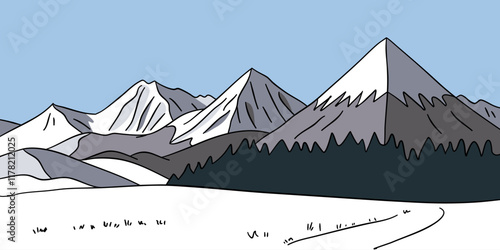 Flat graphic vector sketch of abstract snowy mountain landscape with snowbound foothills and triangular snowcapped mount peaks on blue sky background. Simple hand drawn concept of winter scenery.