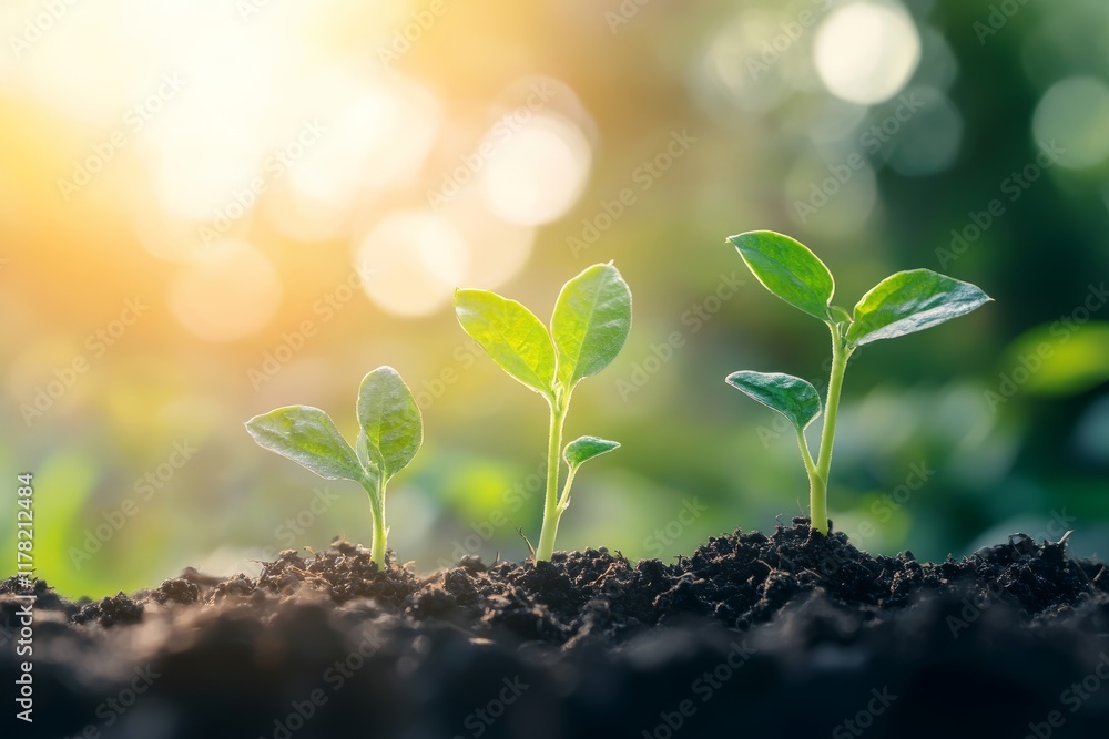 Three small green plants are growing in the dirt Three small green plants are growing in the dirt