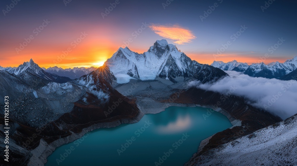 Obraz premium Majestic mountain landscape at sunset with a tranquil lake.