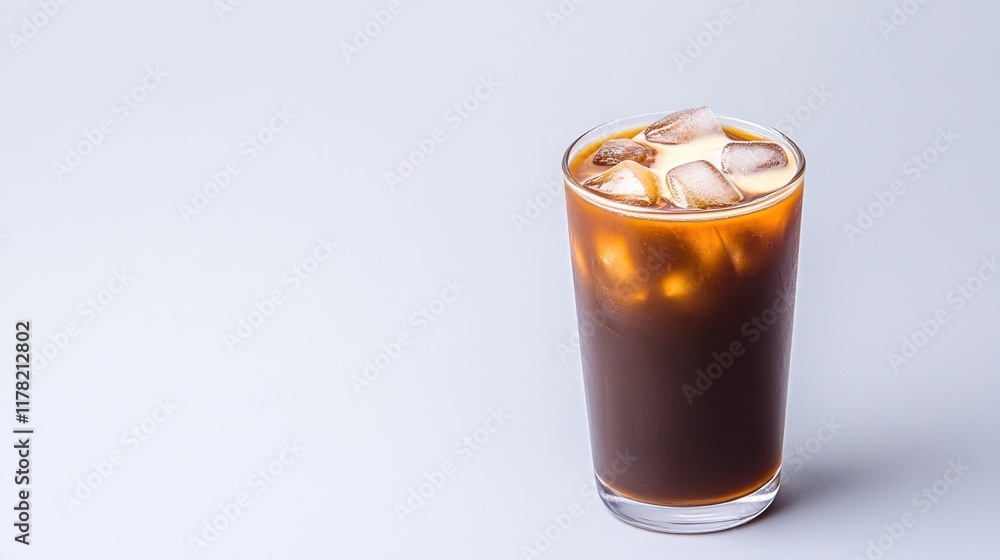 A glass of iced coffee with ice cubes against a light background. A glass of iced coffee with ice cubes against a light background.