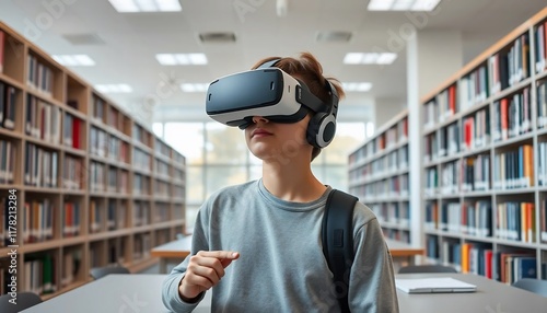 Wallpaper Mural Student Uses VR Headset in Library Immersive Education Technology in Learning Torontodigital.ca