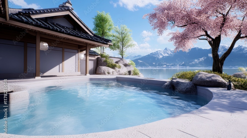 Fototapeta premium Serene outdoor pool beside a traditional building with cherry blossoms.