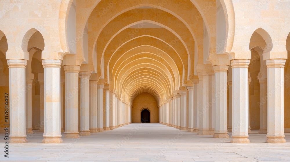 Fototapeta premium Serene Architectural Arches in Light Beige Stone with Shadowed Passageway