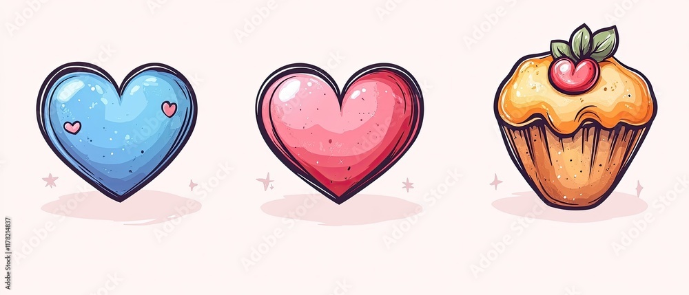 Two hearts and a cupcake on a plain background, ideal for Valentine's Day projects Two hearts and a cupcake on a plain background, ideal for Valentine's Day projects