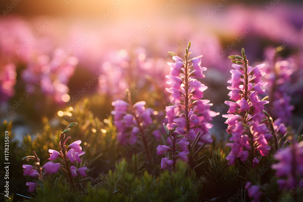 Naklejka premium Morning Dew on Delicate Blooms of Heather Flowers: A Symbol of Scottish Wilderness