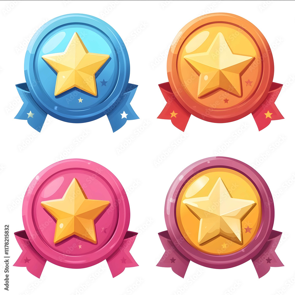 3 badge icon design in a flat simple and minimalistic vector style with high resolution suitable for cartoon game art with little details stars around the ribbon decor 3 badge icon design in a flat simple and minimalistic vector style with high resolution suitable for cartoon game art with little details stars around the ribbon decor