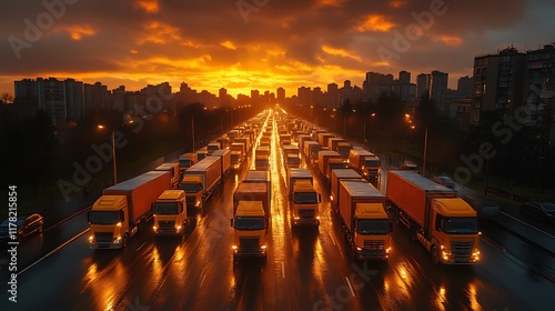 Sunset Highway: A Convoy of Yellow Trucks in Dramatic Cityscape photo