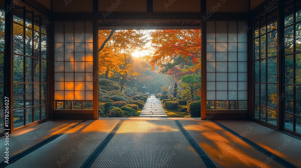Fototapeta premium Autumn Sunlight Illuminates Japanese Garden Through Shoji Doors
