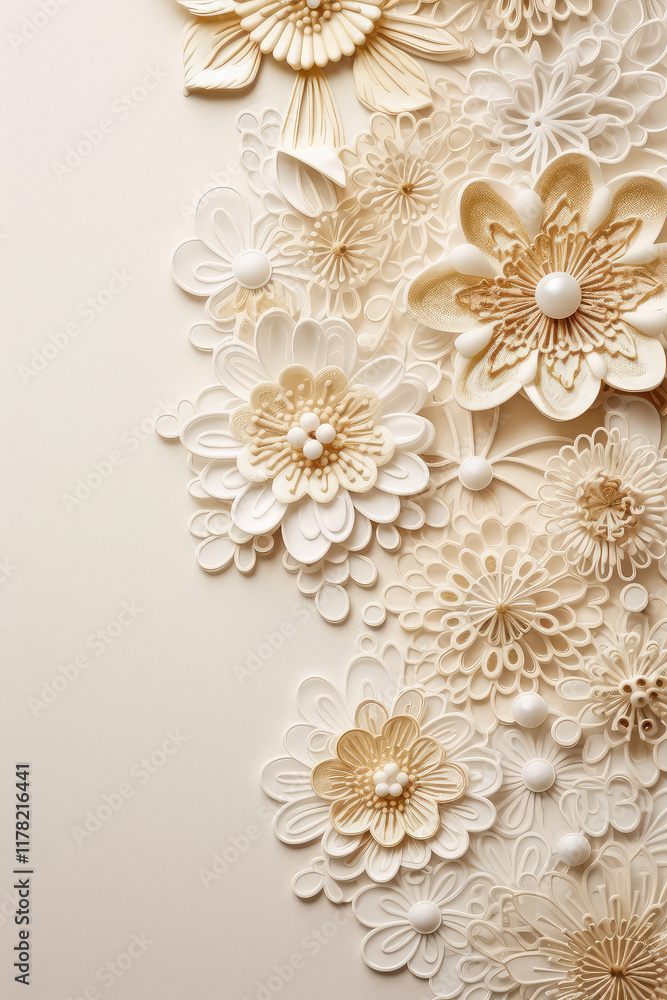 Top view on tender fabric flowers frame on light background. Floral pattern design for greeting, wedding invitation card