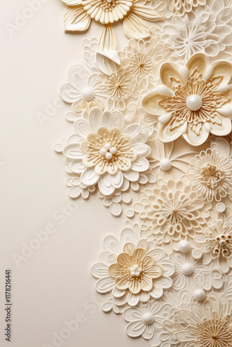 Top view on tender fabric flowers frame on light background. Floral pattern design for greeting, wedding invitation card