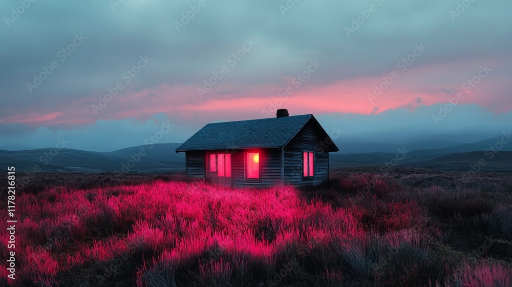 A Rustic Cabin Illuminated by a Vibrant Pink Sunset in a Serene Countryside Landscape A Rustic Cabin Illuminated by a Vibrant Pink Sunset in a Serene Countryside Landscape