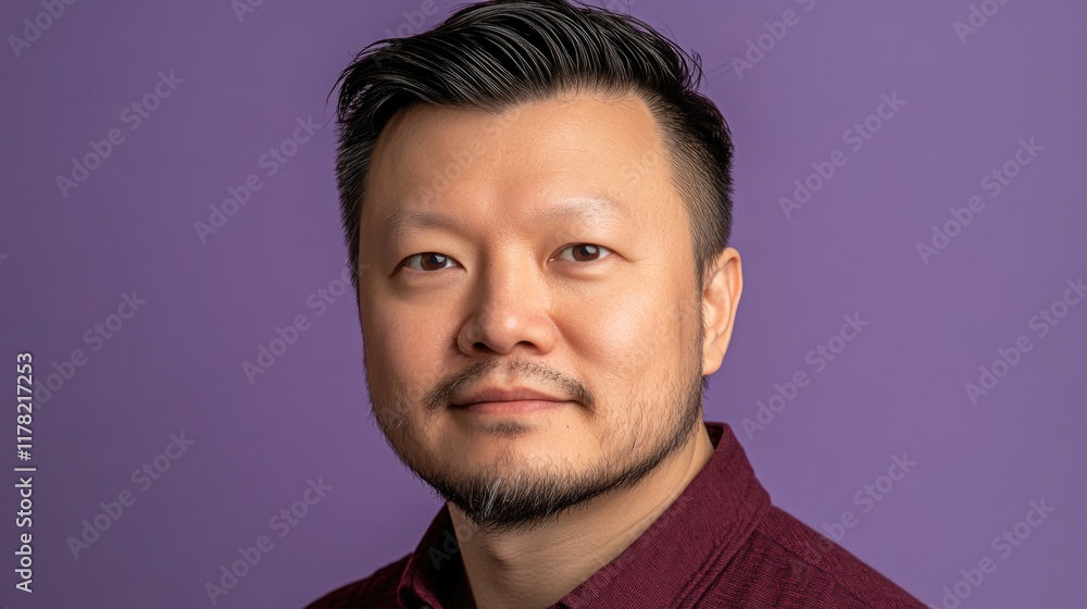 Obraz premium Asian male adult with beard in red shirt against purple background