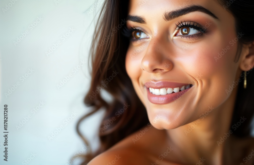 Fototapeta premium Indian model with perfect makeup smiles. Beauty spa, skin care treatments including facial cosmetic procedures like filler, face lift featured. Woman with healthy, glowing skin, smooth complexion.