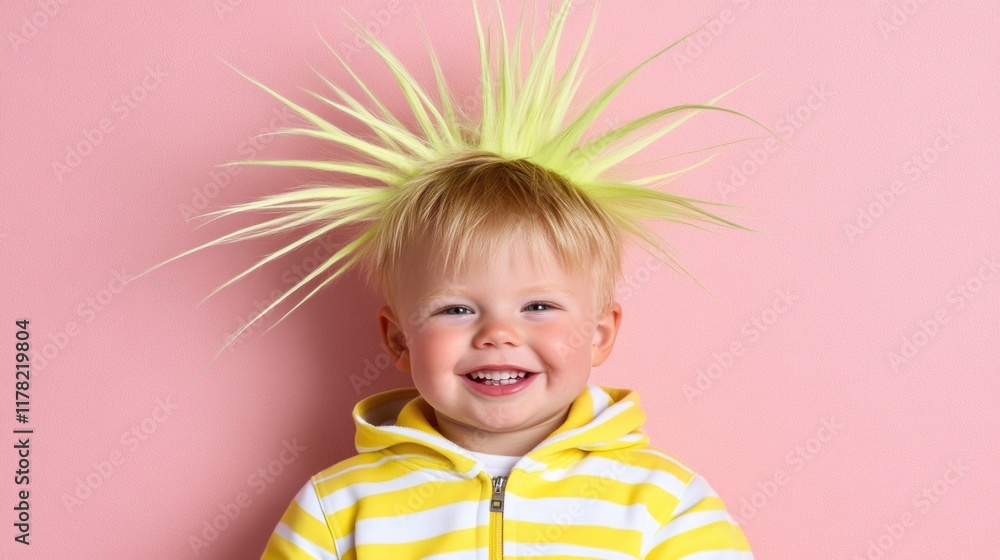 Smiling caucasian child with spiky yellow hair against pink background Smiling caucasian child with spiky yellow hair against pink background