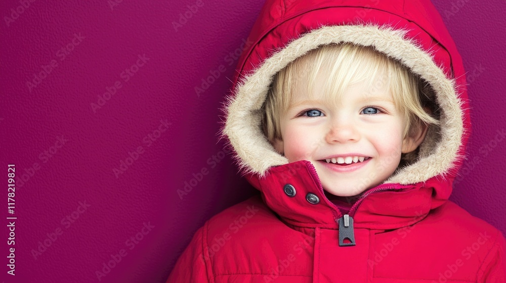 Smiling caucasian child in red winter coat against purple background Smiling caucasian child in red winter coat against purple background