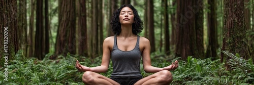 A woman practicing mindfulness meditation on a forest floor, surrounded by ferns and tall trees photo