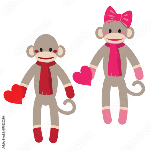 Cute and funny Valentine sock monkey girl vector cartoon illustration