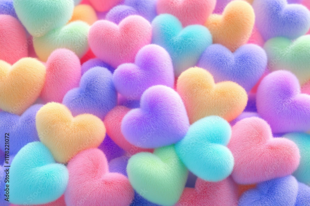 Colorful fuzzy hearts in pastel shades create a vibrant pattern appealing to all ages, perfect for decoration or gifts during celebrations and special occasions Colorful fuzzy hearts in pastel shades create a vibrant pattern appealing to all ages, perfect for decoration or gifts during celebrations and special occasions