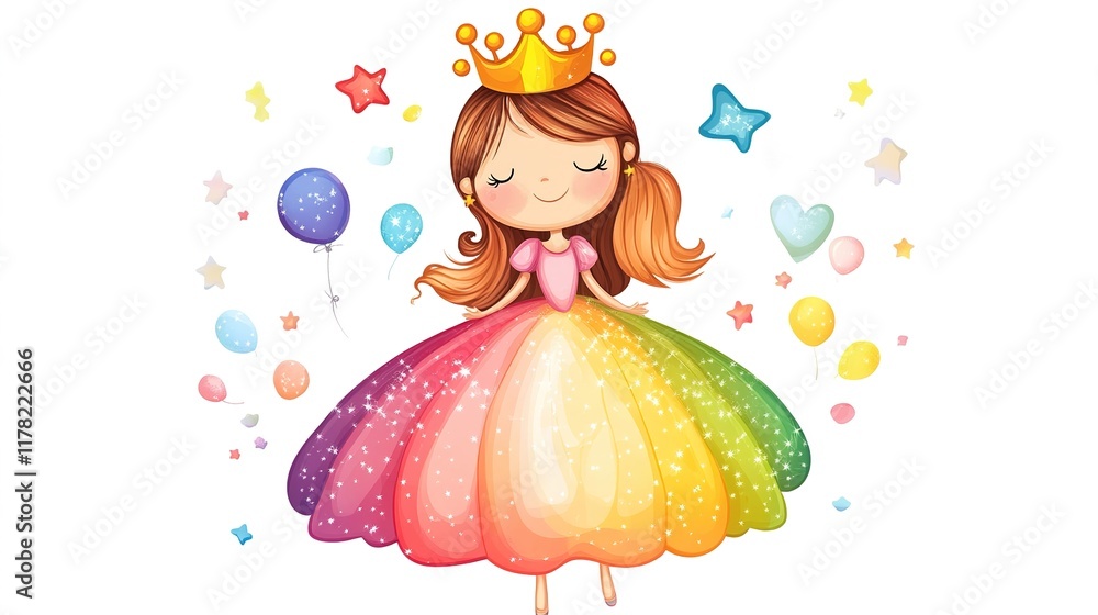 Adorable Princess Illustration with Glittering Details in Whimsical Art Style, PNG Clipart Isolated on White Background. Cute and Magical Design, Perfect for Children’s Crafts, Invitations, and Digita Adorable Princess Illustration with Glittering Details in Whimsical Art Style, PNG Clipart Isolated on White Background. Cute and Magical Design, Perfect for Children’s Crafts, Invitations, and Digita