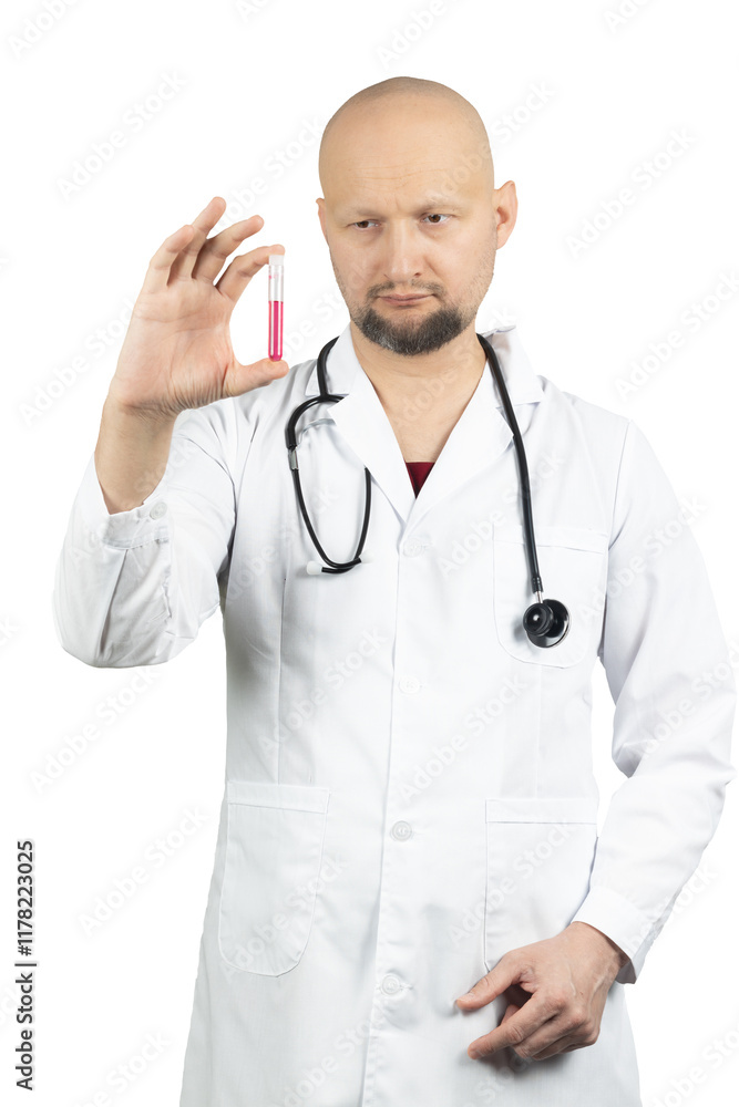 Experienced male doctor in white coat examining a test tube with red liquid Experienced male doctor in white coat examining a test tube with red liquid