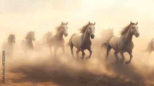 A herd of wild horses running through a vast desert, their manes blending into abstract trails of dust and wind, symbolizing untamed energy.  