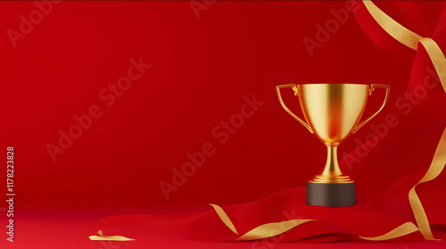 Red background golden trophy on red silk fabric golden ribbon around the cup simple style illustration effect vector graphics high definition high resolution high deta photo