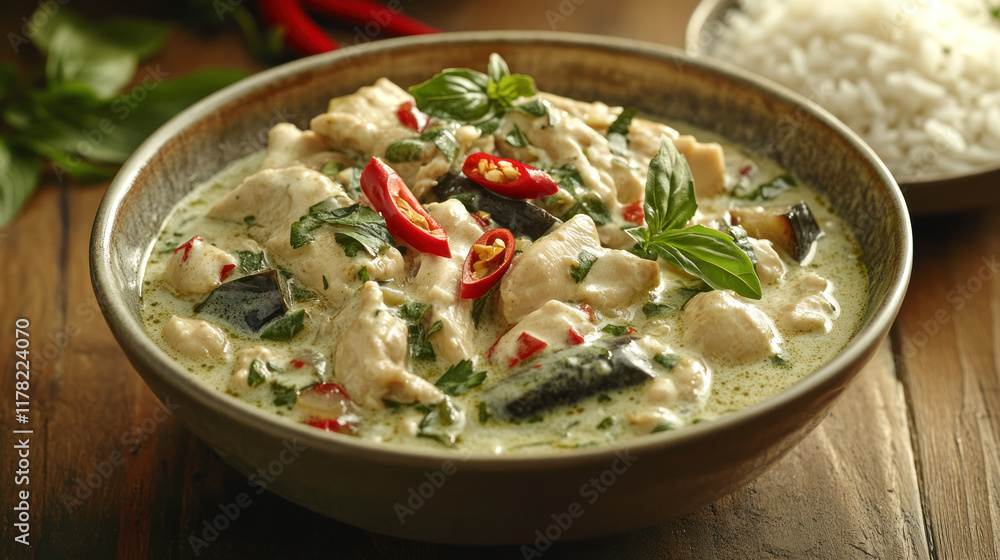 A delicious bowl of Thai green curry with chicken and fresh herbs A delicious bowl of Thai green curry with chicken and fresh herbs