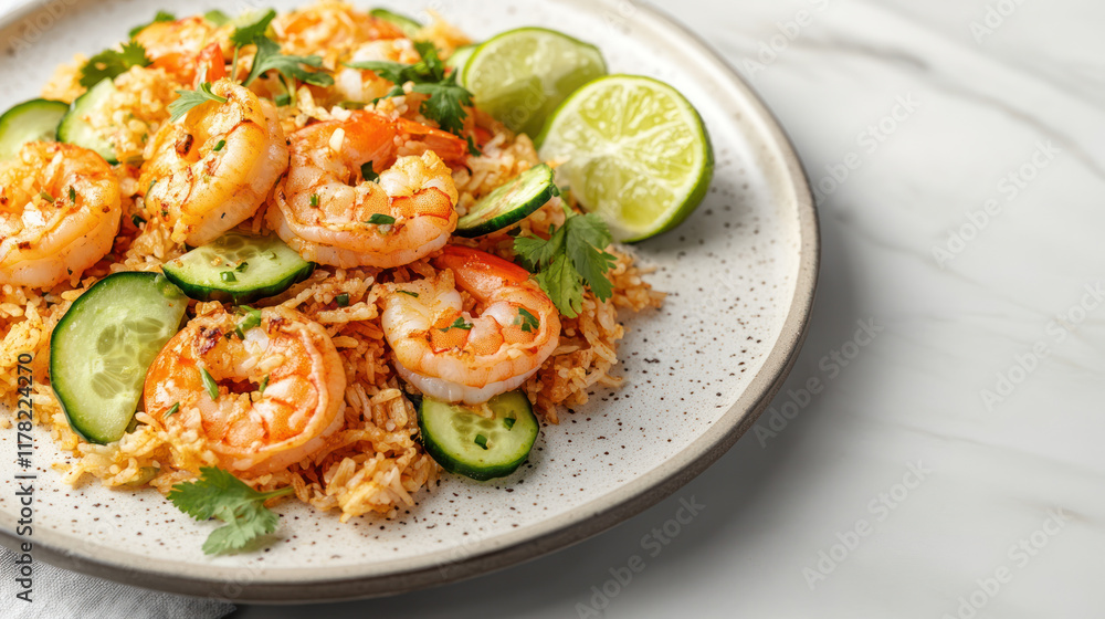A Delicious shrimp fried rice with lime and cucumber garnishes A Delicious shrimp fried rice with lime and cucumber garnishes