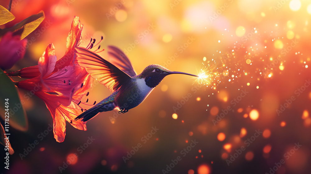 Fototapeta premium A hummingbird hovering near a vibrant flower, surrounded by abstract bursts of color and light, symbolizing precision and beauty in nature.