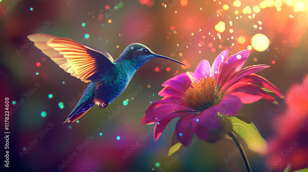 A hummingbird hovering near a vibrant flower, surrounded by abstract bursts of color and light, symbolizing precision and beauty in nature. A hummingbird hovering near a vibrant flower, surrounded by abstract bursts of color and light, symbolizing precision and beauty in nature.